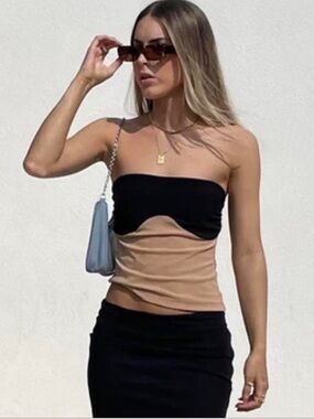 Two-Tone Strapless Cutout Camisole in Black and Beige